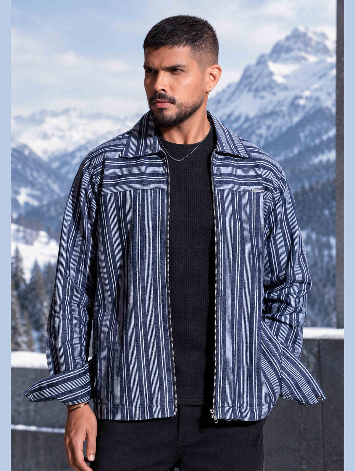 Blue stripe Shoulder Contrast zipper jacket