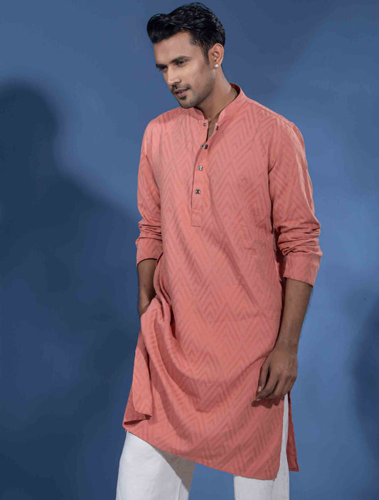 Coral Pink Texture Premium Cotton Panjabi