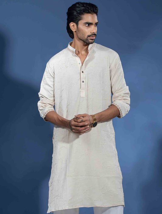 Cream Viscos Textured premium panjabi