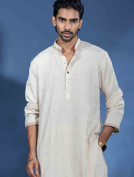 Cream Viscos Textured premium panjabi