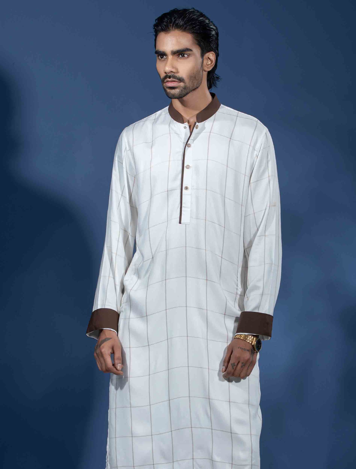 Warm white Check contrast Premium Panjabi