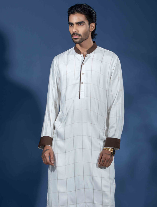 Warm white Check contrast Premium Panjabi