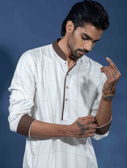 Warm white Check contrast Premium Panjabi
