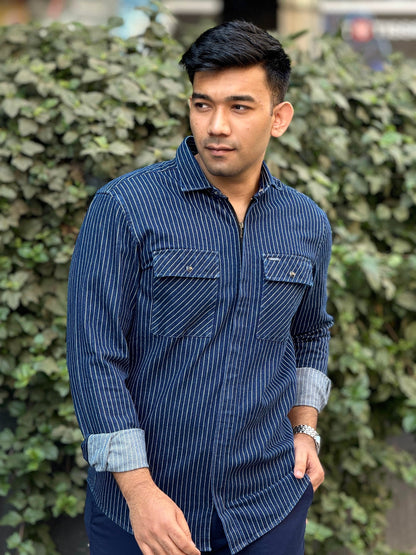 Blue stripe chain design denim full sleeve