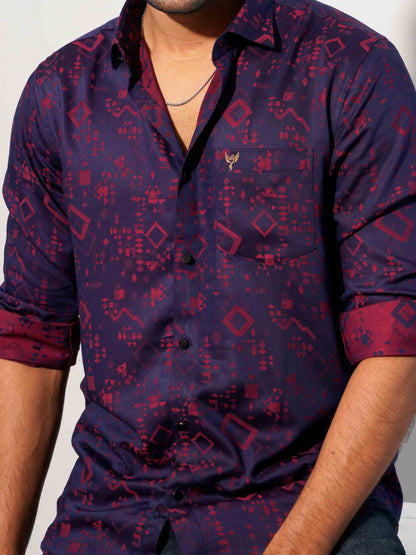 Purplish maroon block printed bamboo silk premium full sleeve shirt