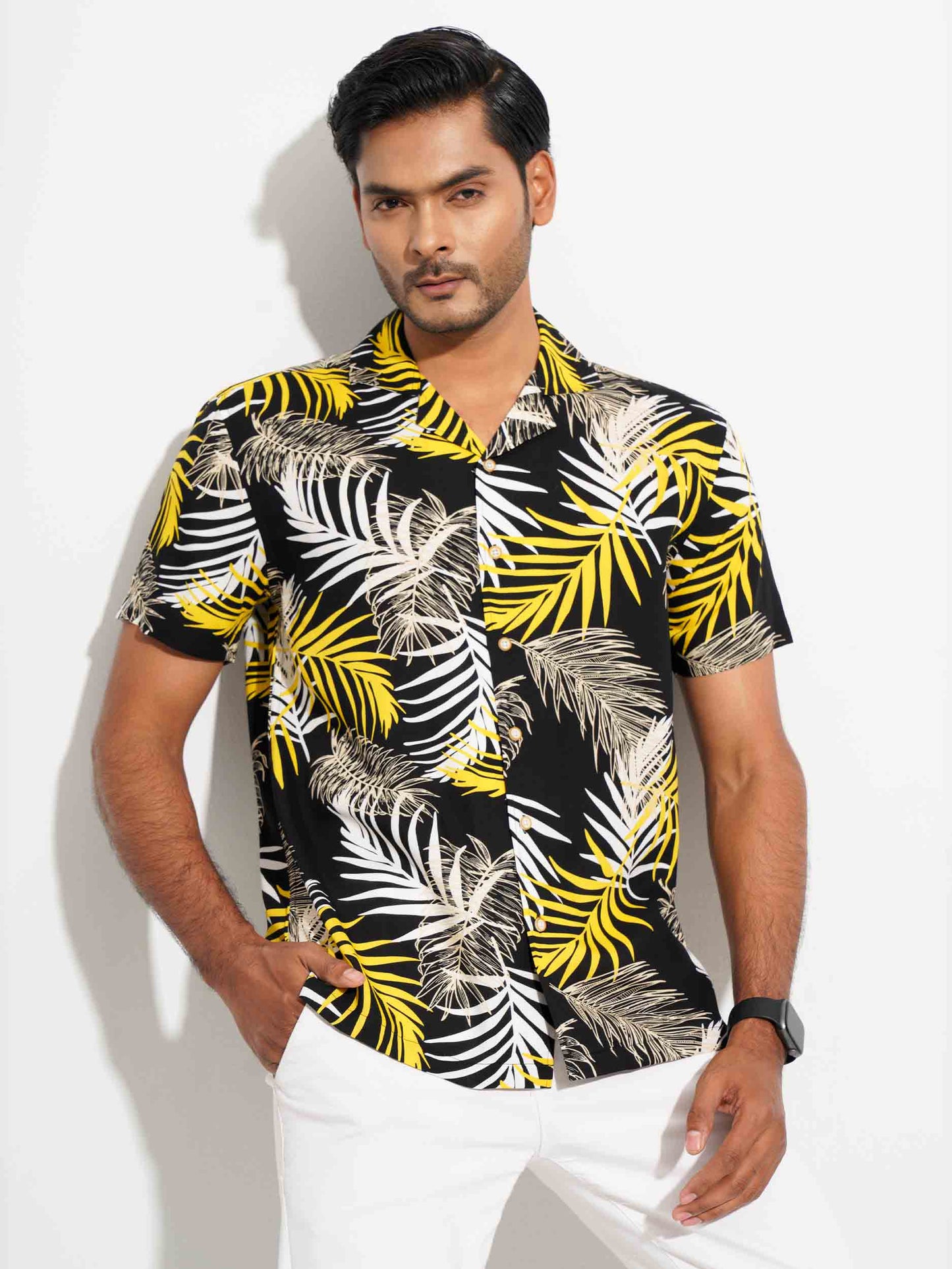 Black - yellow leaf printed half sleeve shirt