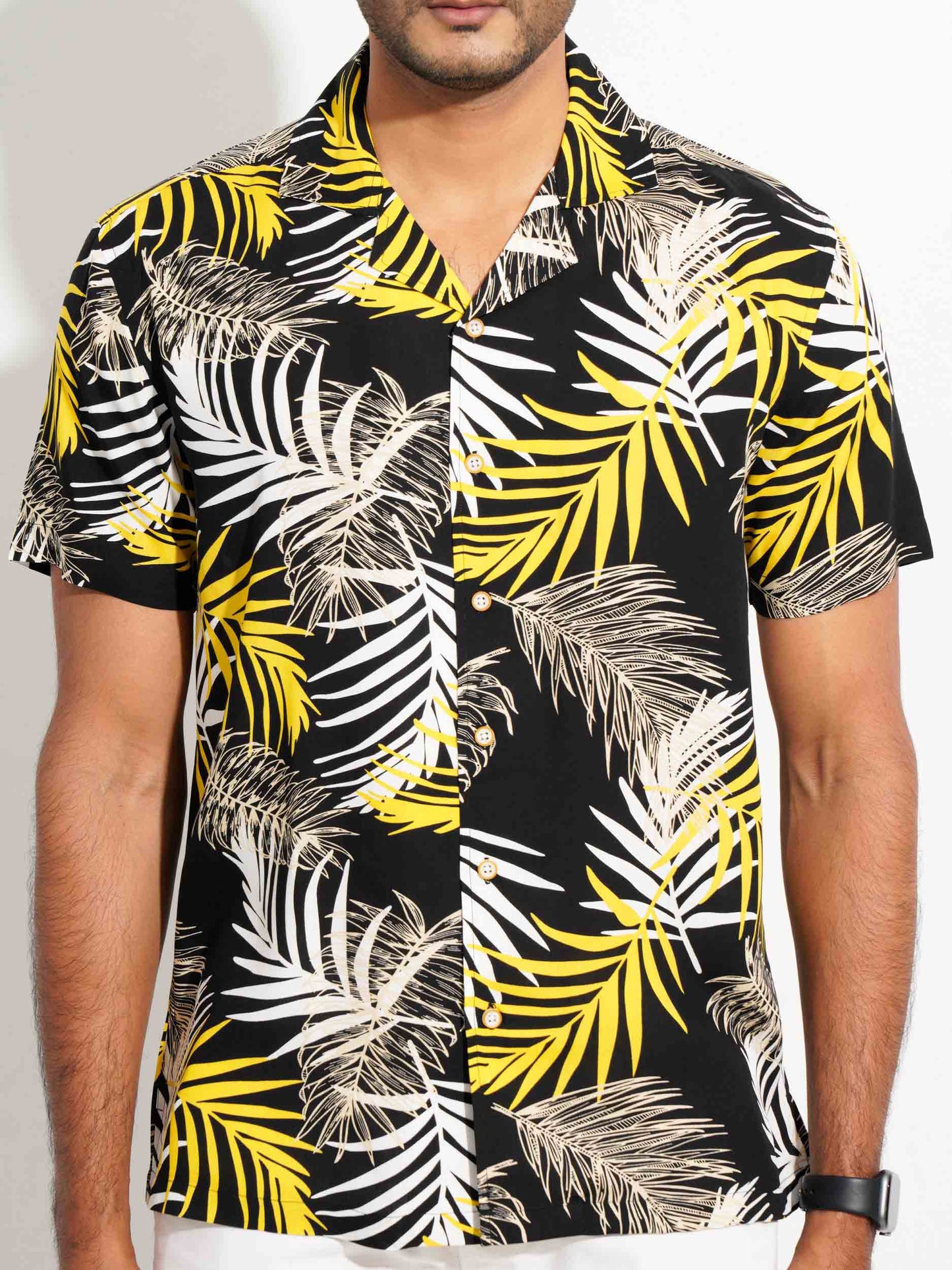 Black - yellow leaf printed half sleeve shirt