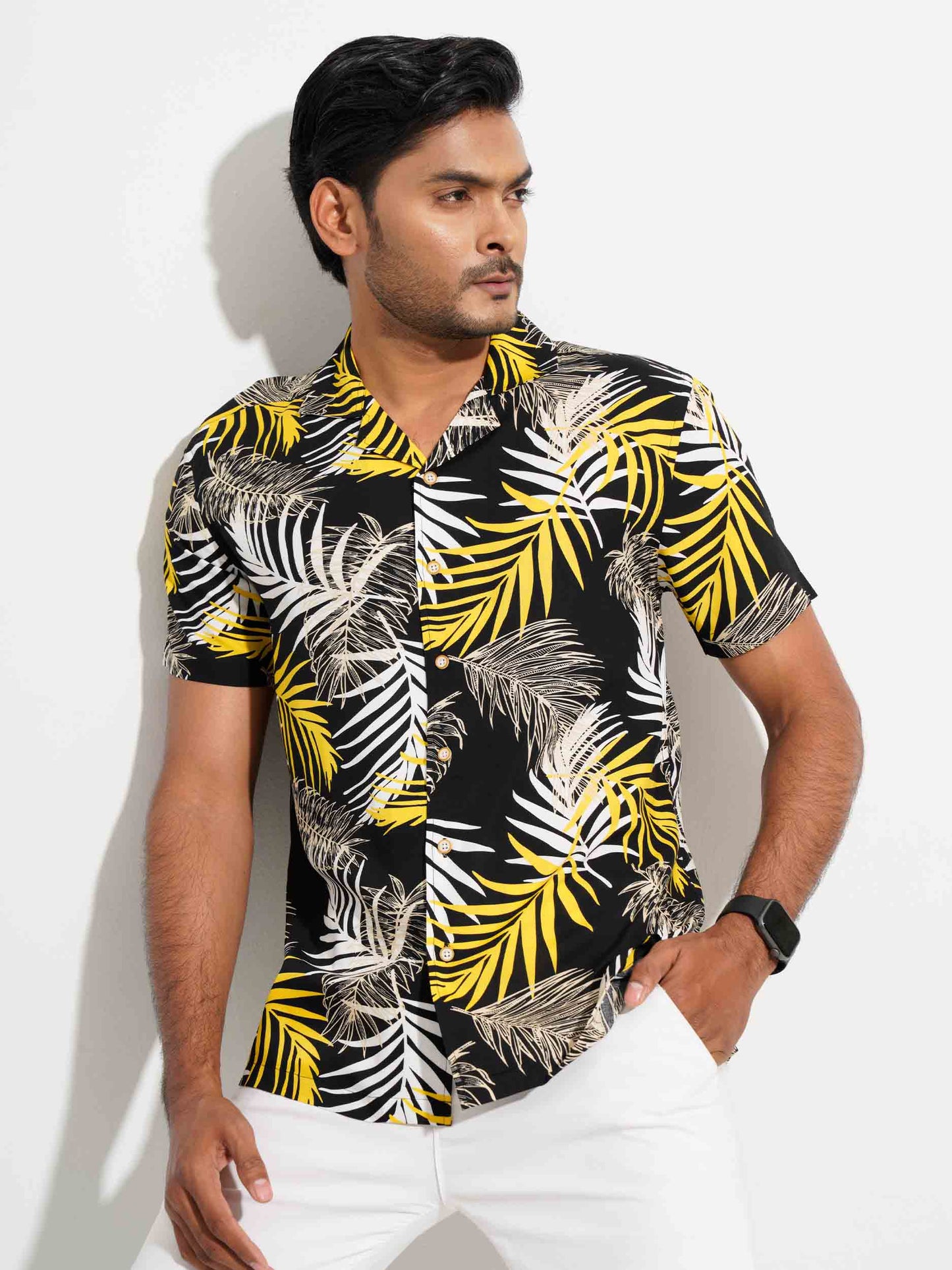 Black - yellow leaf printed half sleeve shirt