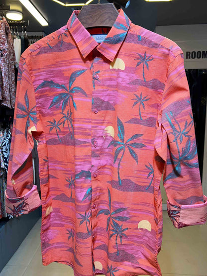 Orange Coconut Tree Printed Cotton full sleeve Shirt