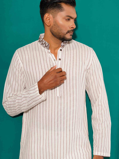 White stripped printed remi cotton panjabi