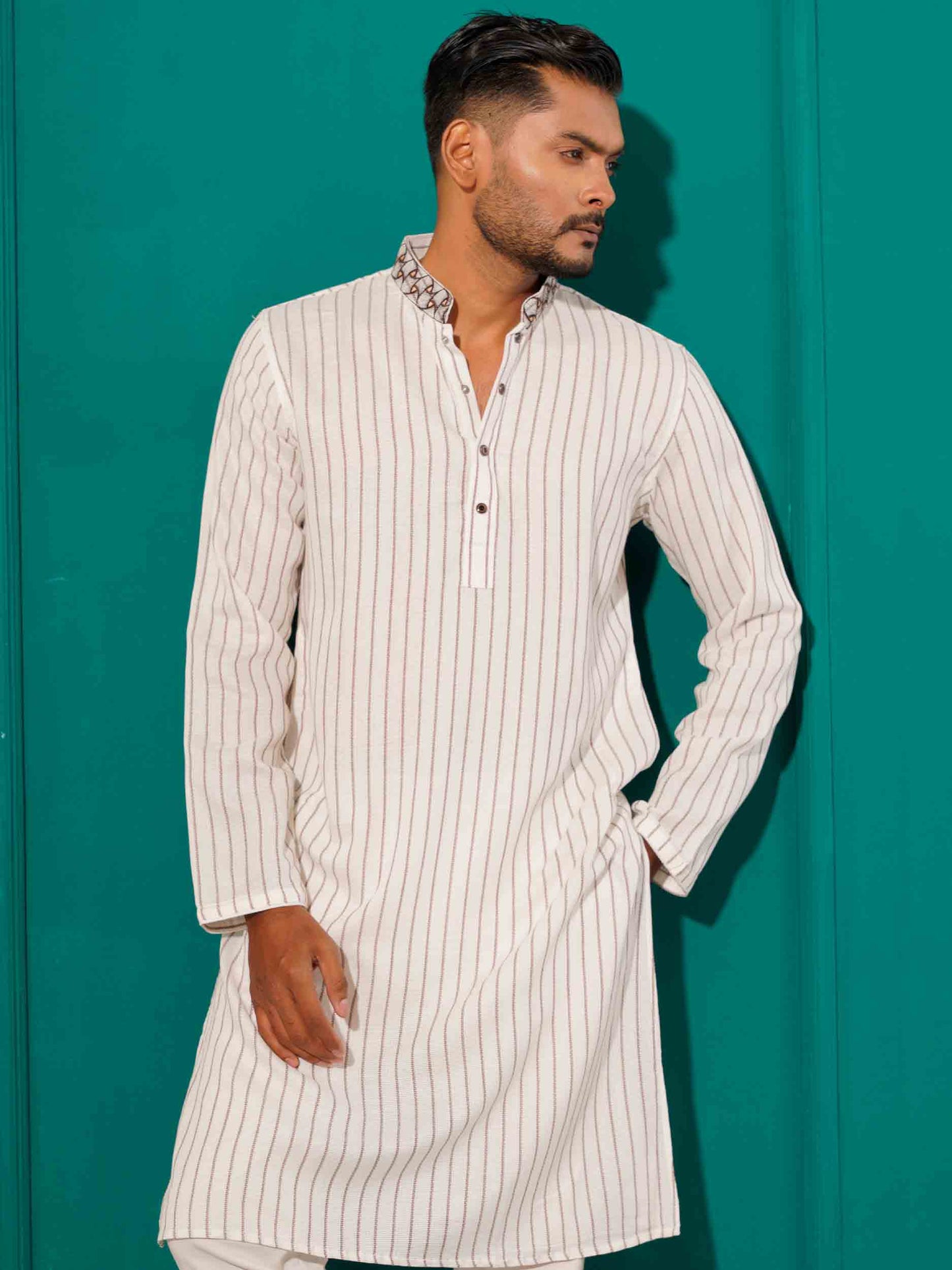 White stripped printed remi cotton panjabi