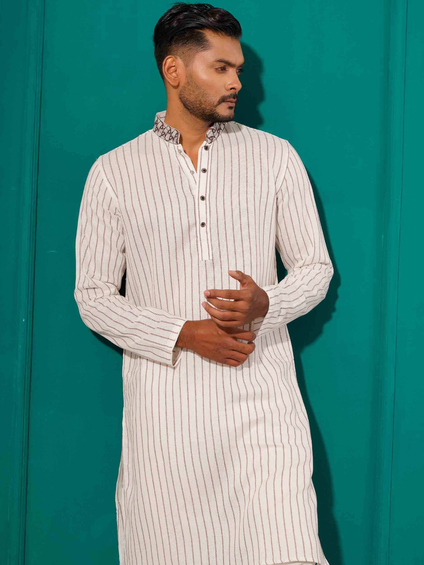 White stripped printed remi cotton panjabi