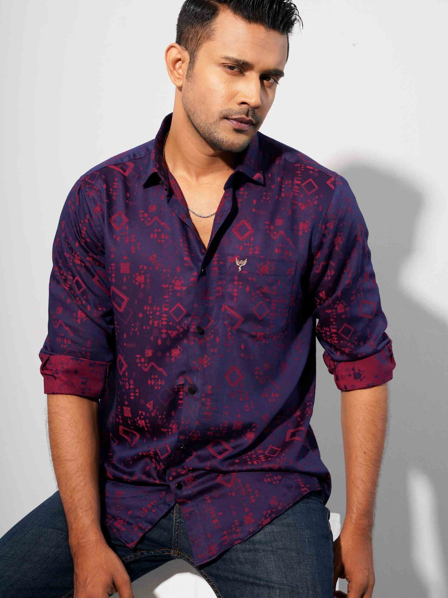 Purplish maroon block printed bamboo silk premium full sleeve shirt