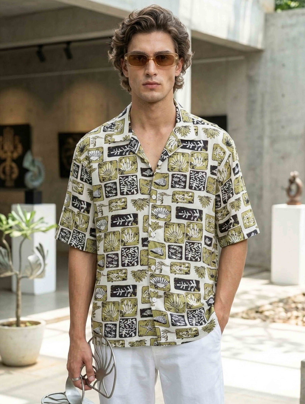Cream Green Printed Havana Shirt