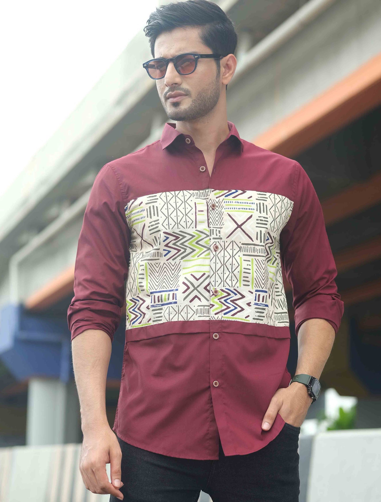 Maroon chest contrast cotton full sleeve shirt