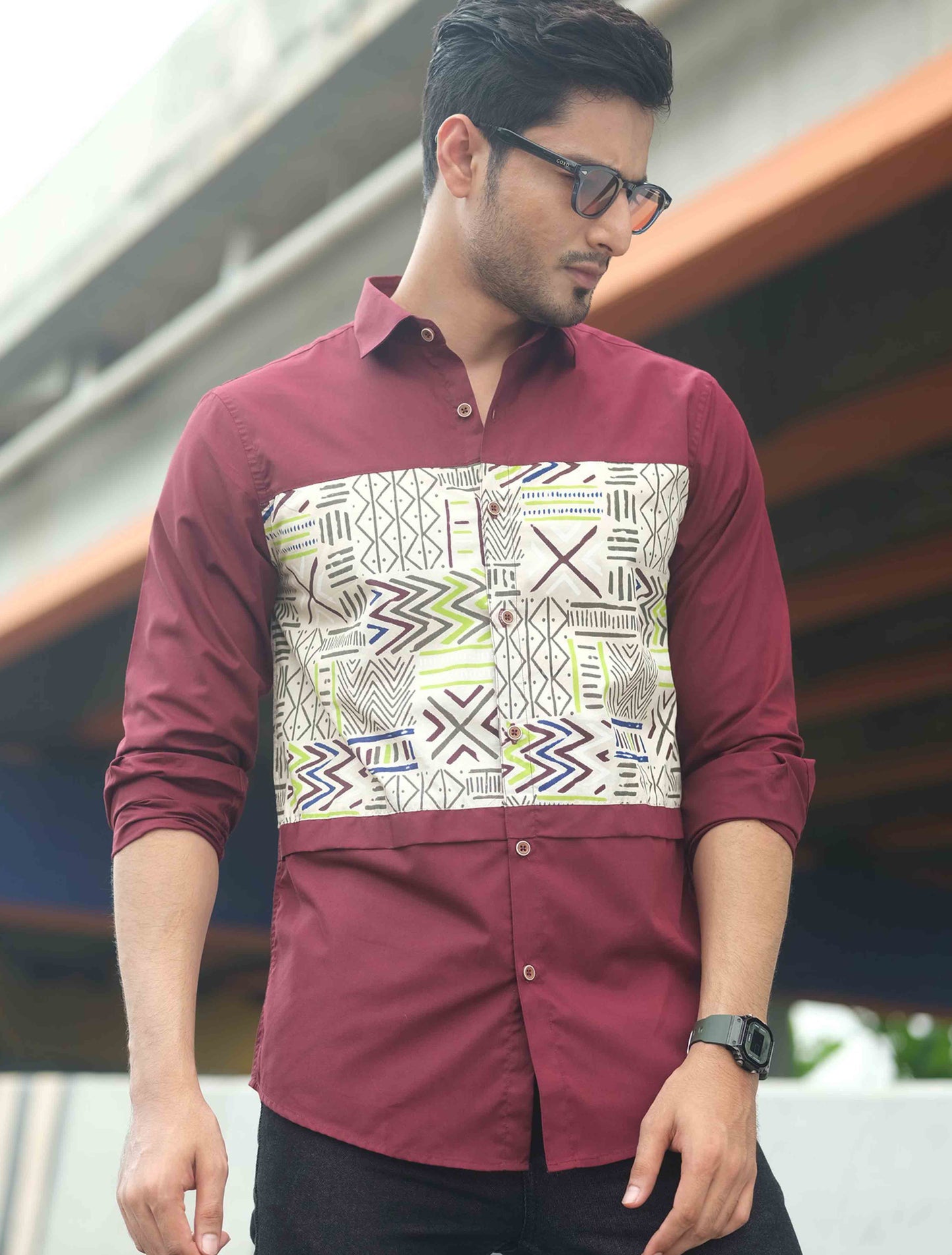 Maroon chest contrast cotton full sleeve shirt