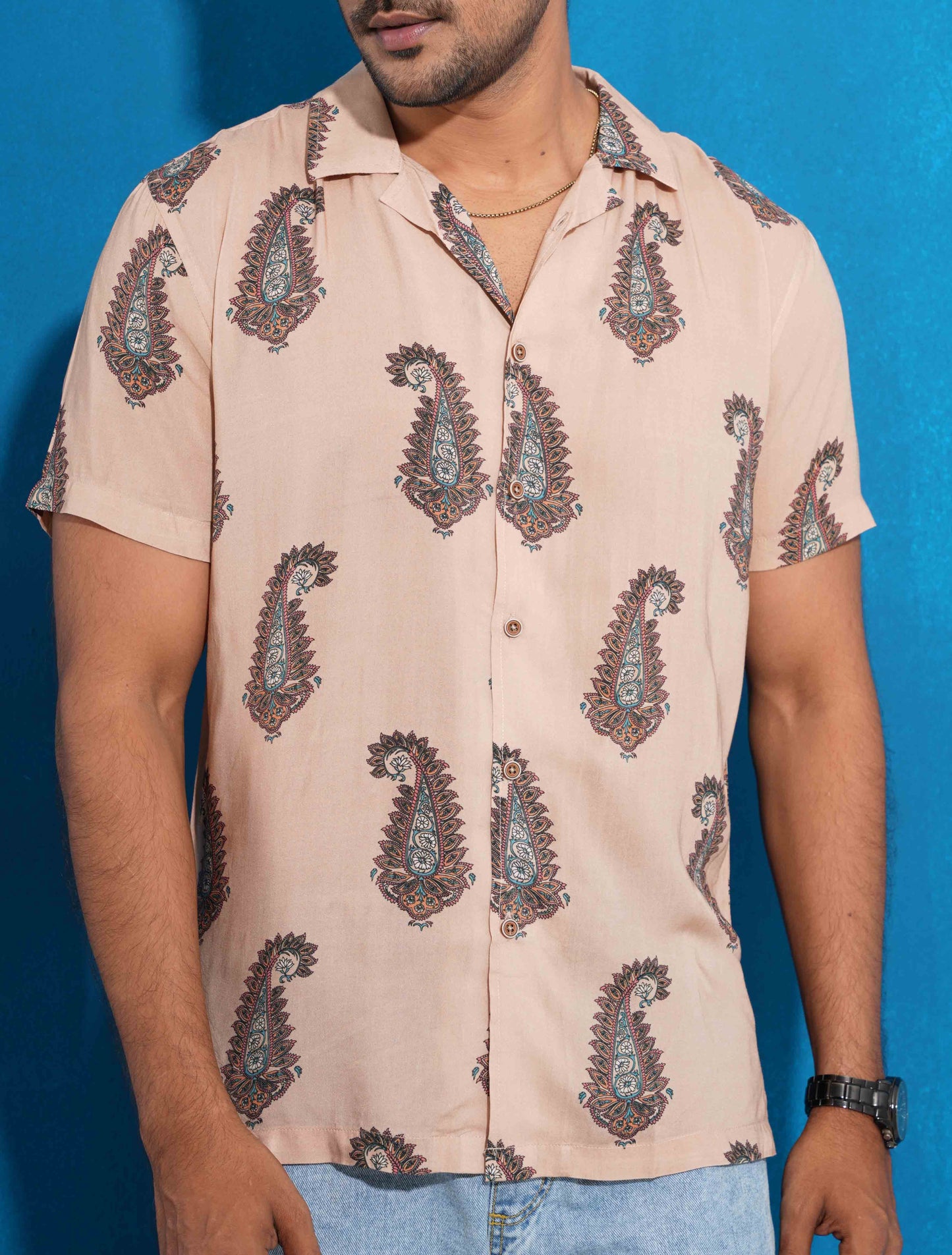 Cream sankha printed linen havana shirt