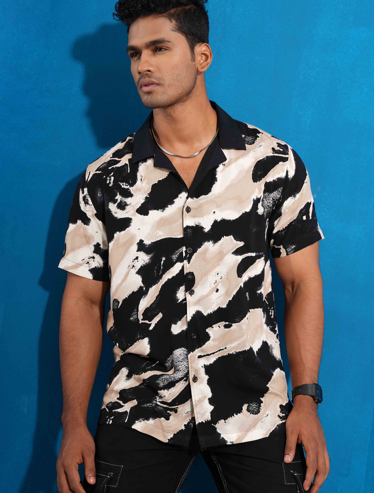 Black and cream abstract printed havana shirt