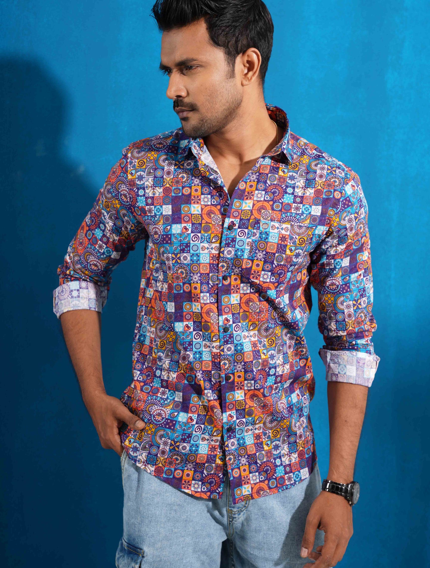 Blue orange digital printed full sleeve shirt