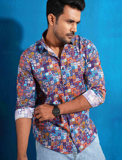 Blue orange digital printed full sleeve shirt