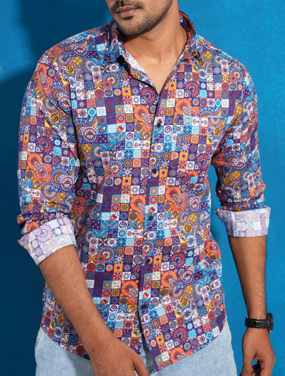 Blue orange digital printed full sleeve shirt