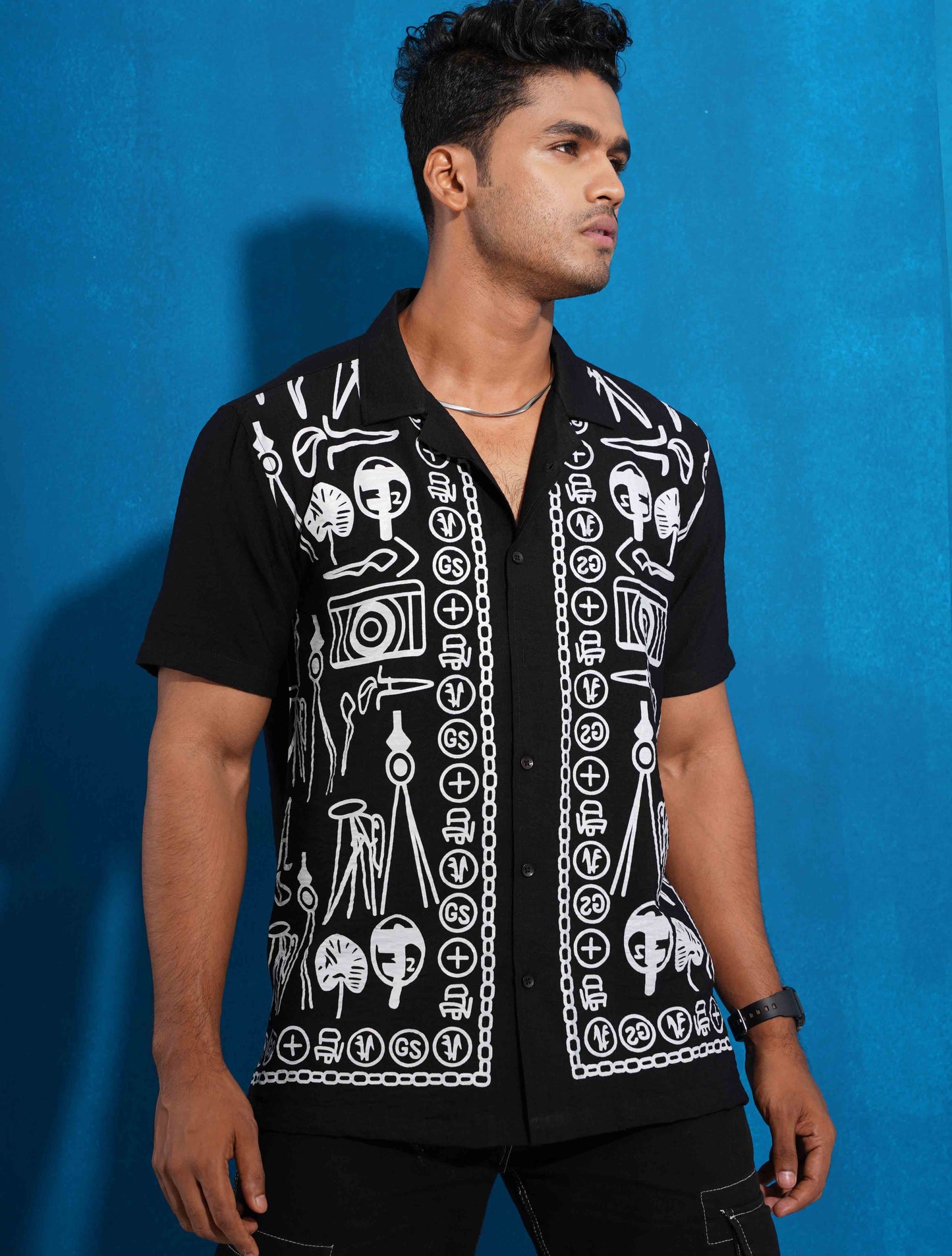 Black fancy ash color chain printed havana shirt