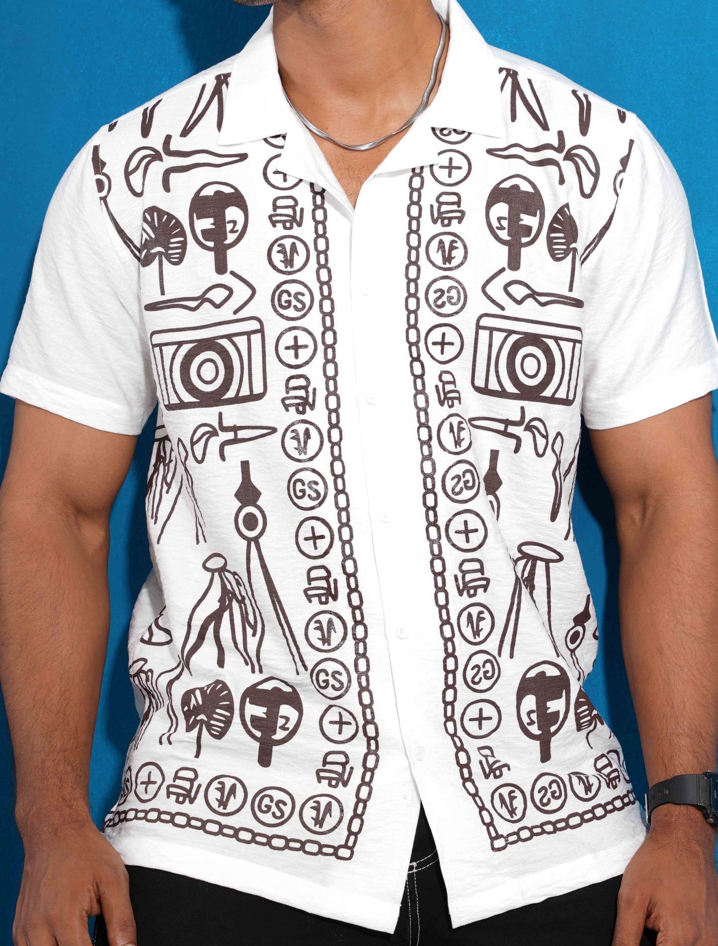 White fancy Coffee color chain printed havana shirt