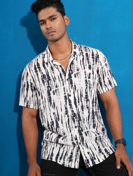 Cream charcoal color stripe printed havana shirt