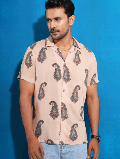 Cream sankha printed linen havana shirt