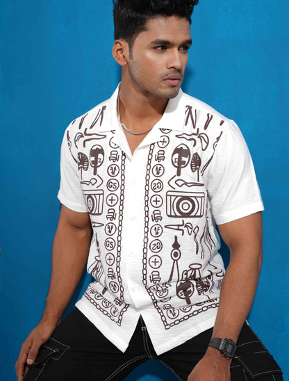 White fancy Coffee color chain printed havana shirt