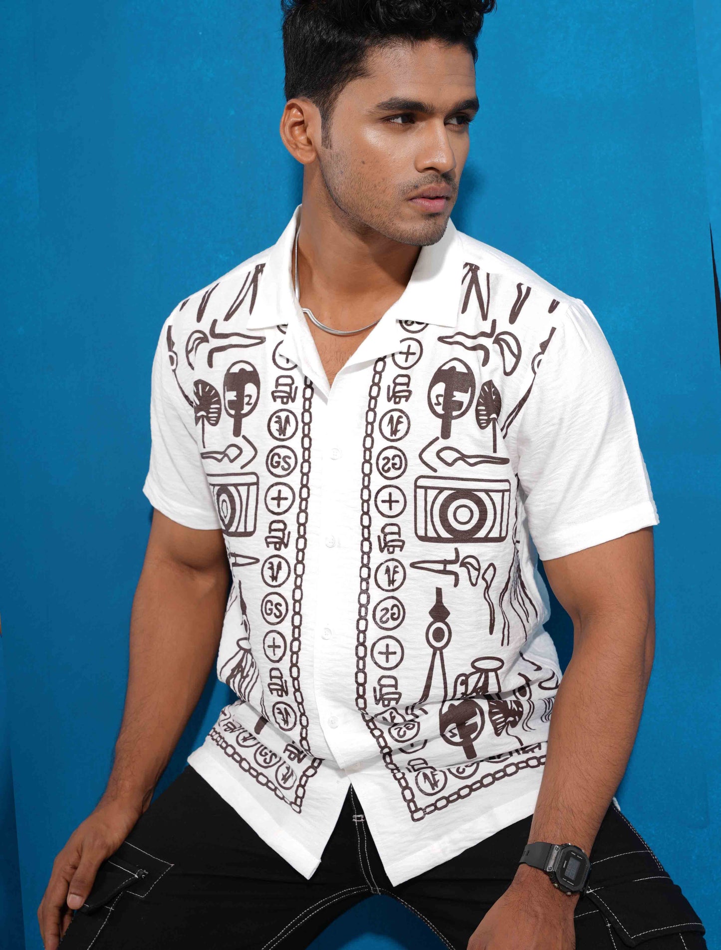 White fancy Coffee color chain printed havana shirt