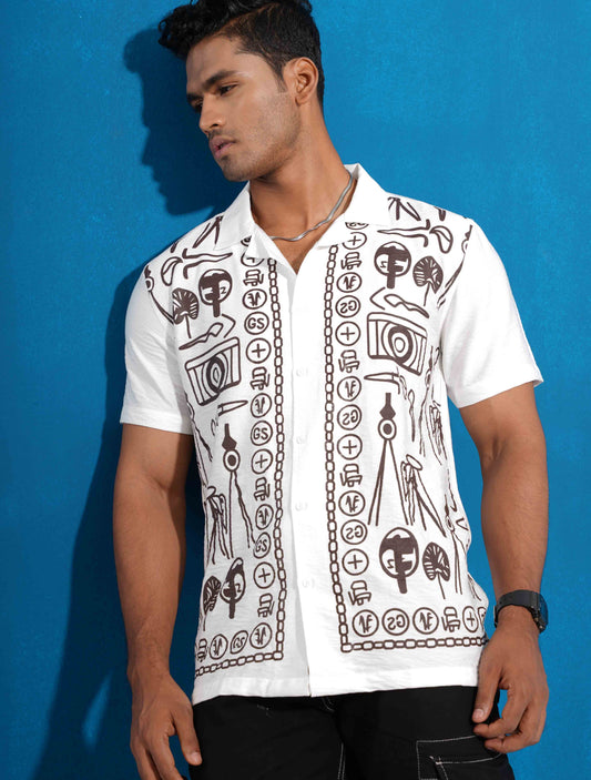 White fancy Coffee color chain printed havana shirt