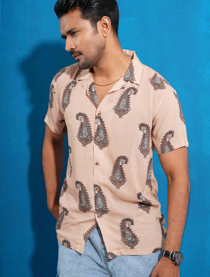 Cream sankha printed linen havana shirt