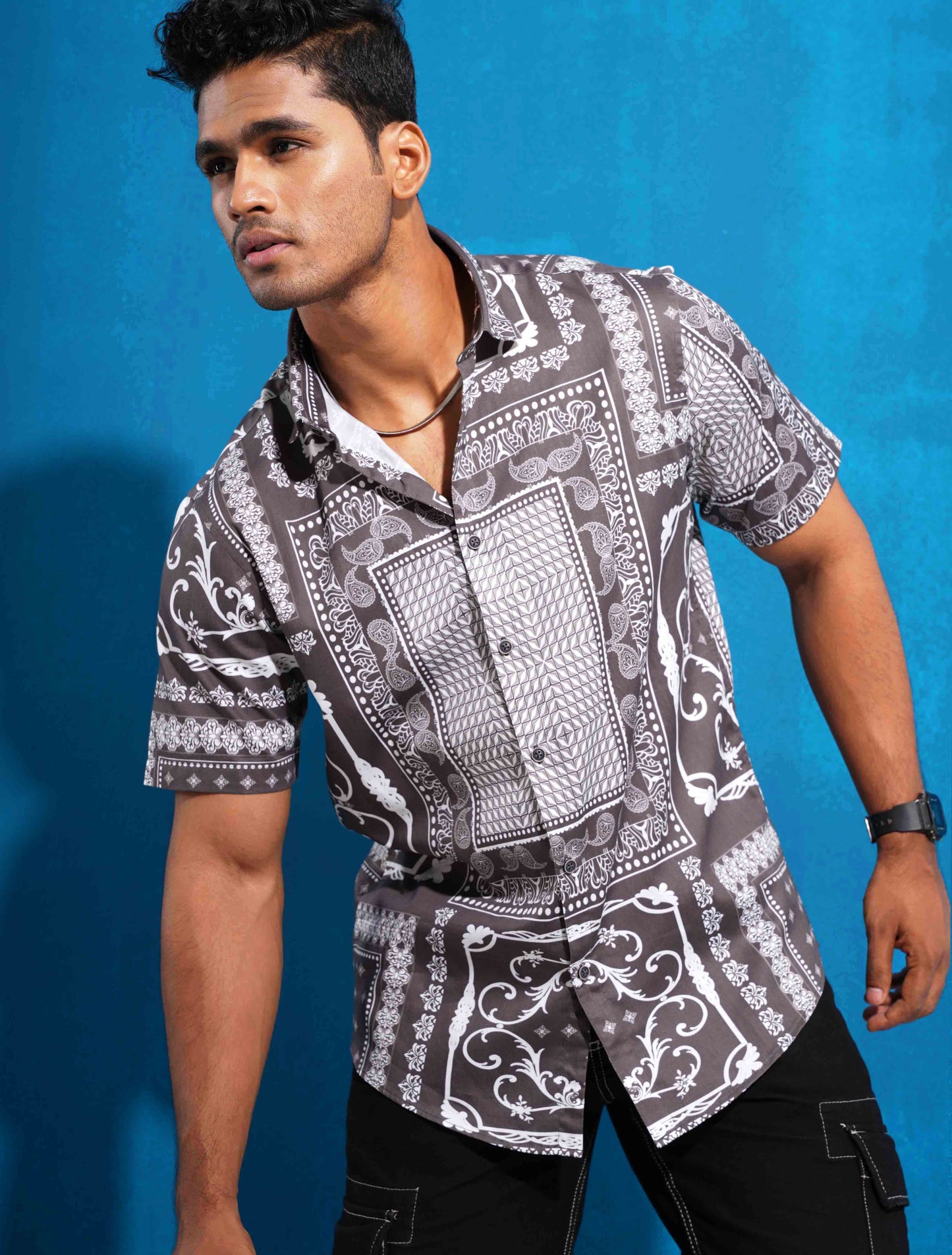 Grey color block printed half sleeve shirt