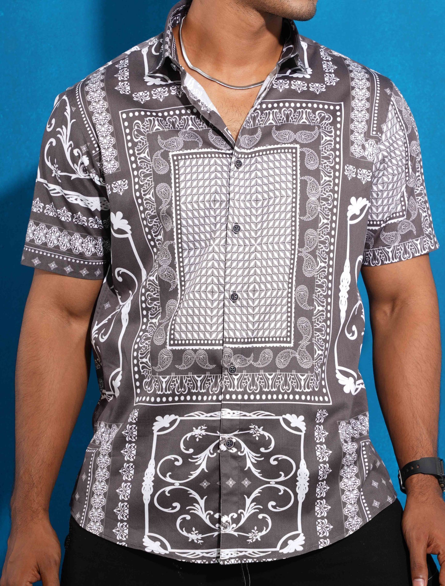 Grey color block printed half sleeve shirt