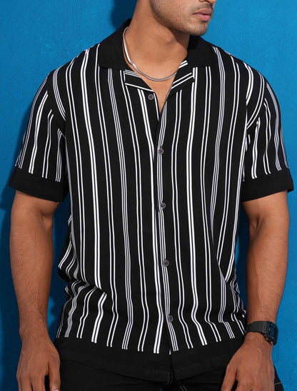 Black stripe collar contrast havana shirt