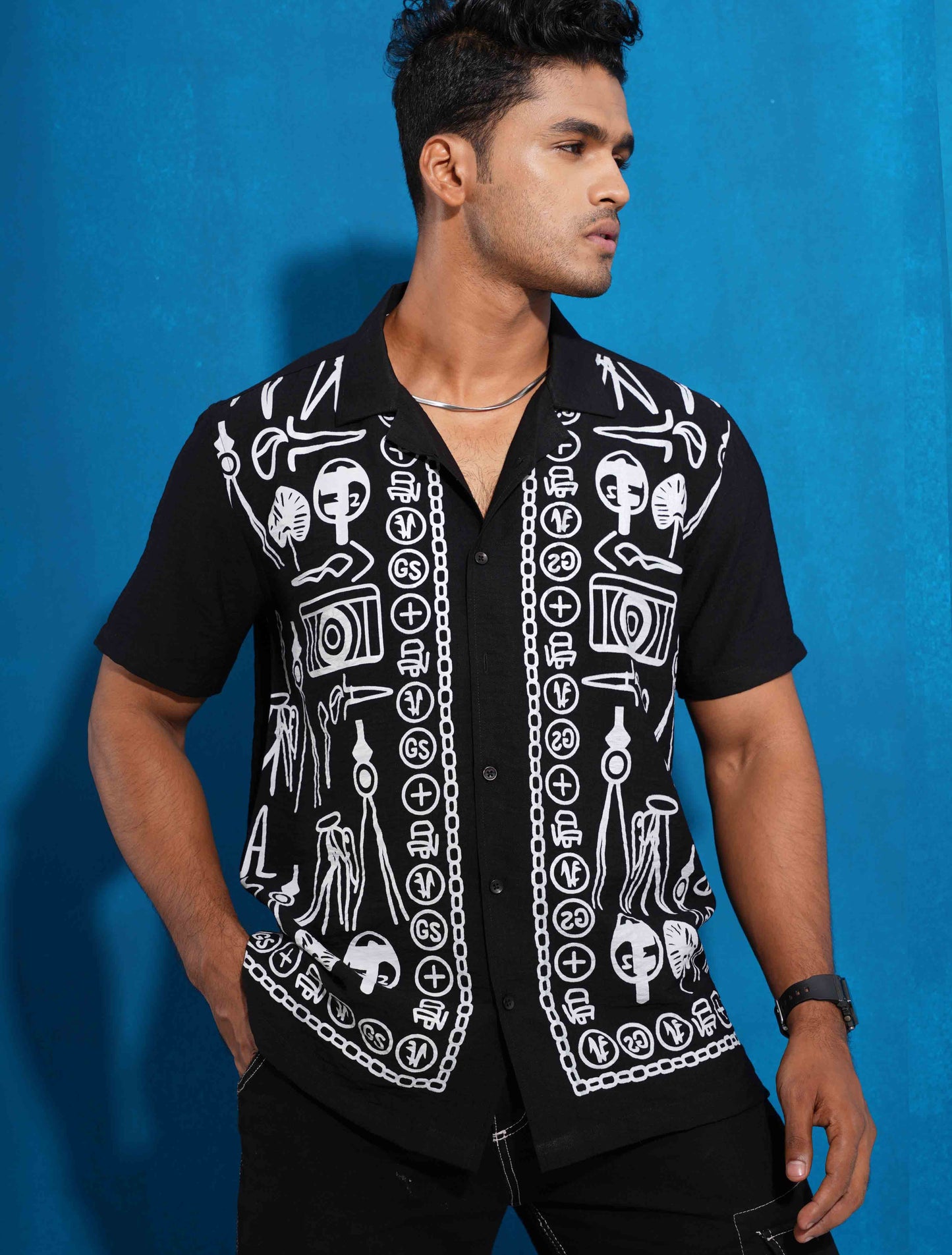 Black fancy ash color chain printed havana shirt