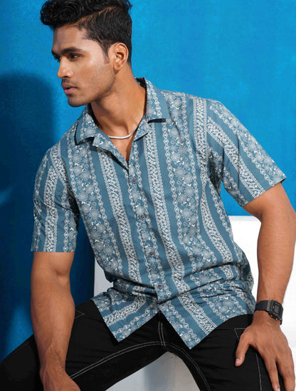 Paste flower- stripe printed havana shirt