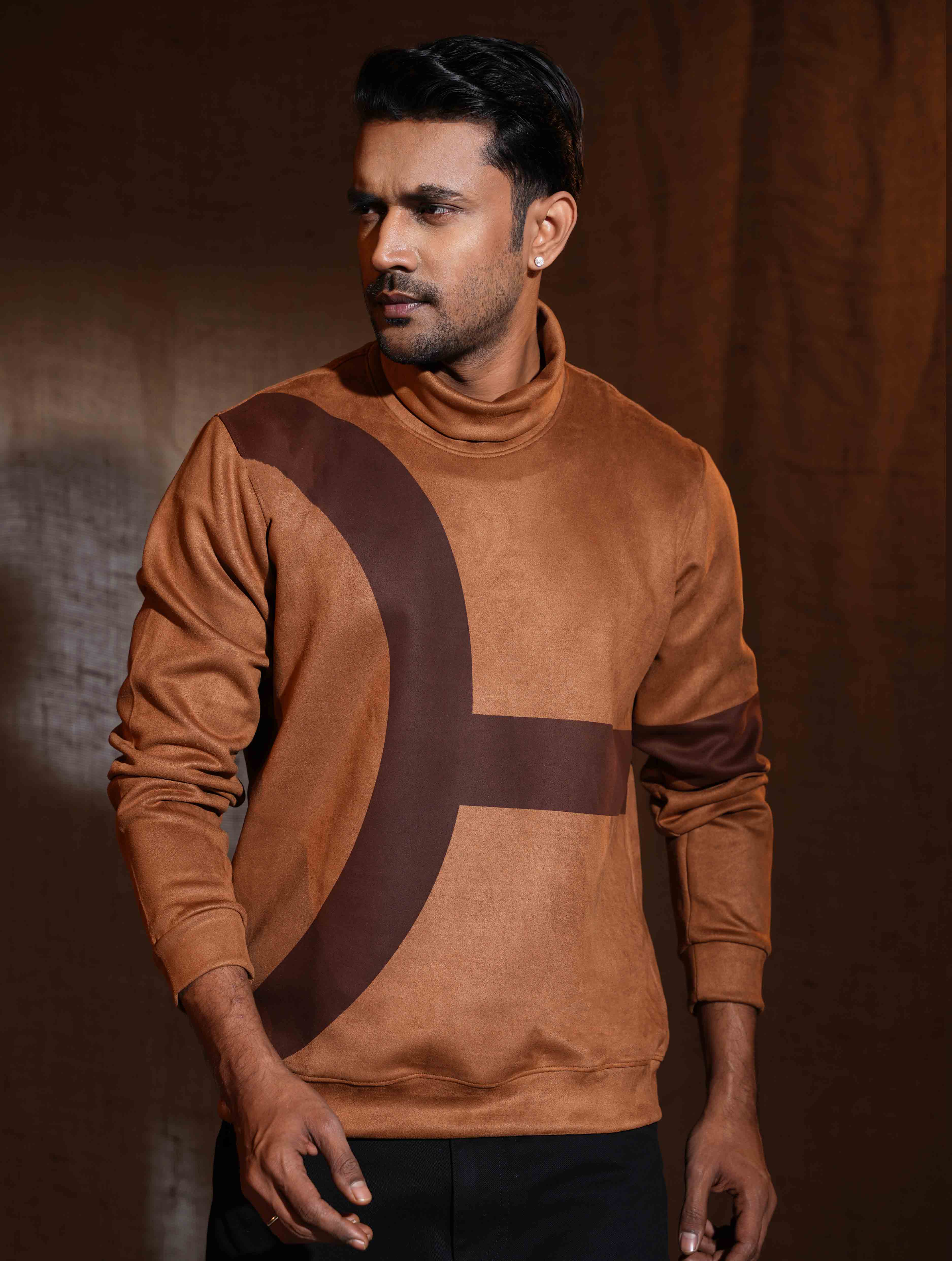 Copper Brown - Chocolate Suede leather High Neck Sweat Shirt