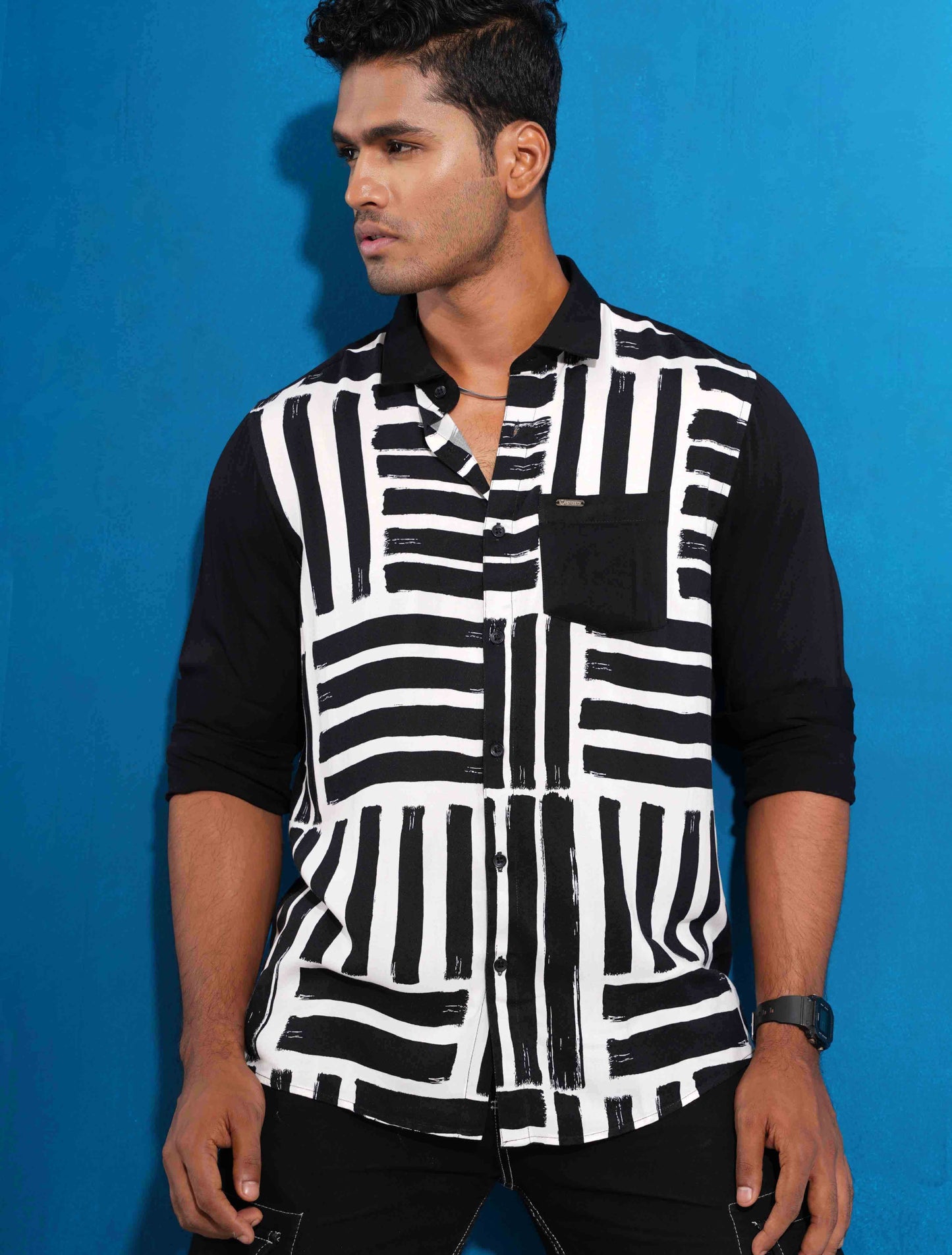 Black and white cross parallel printed full sleeve shirt