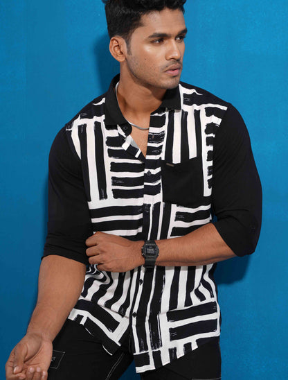 Black and white cross parallel printed full sleeve shirt