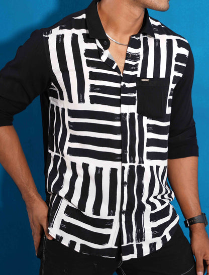 Black and white cross parallel printed full sleeve shirt