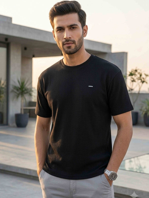 Black Solid Texture Waffle Fabric Semi Drop T-shirt