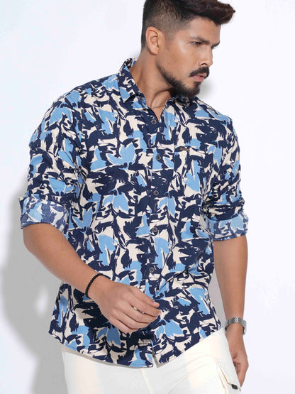 Cream Black Blue printed full sleeve shirt