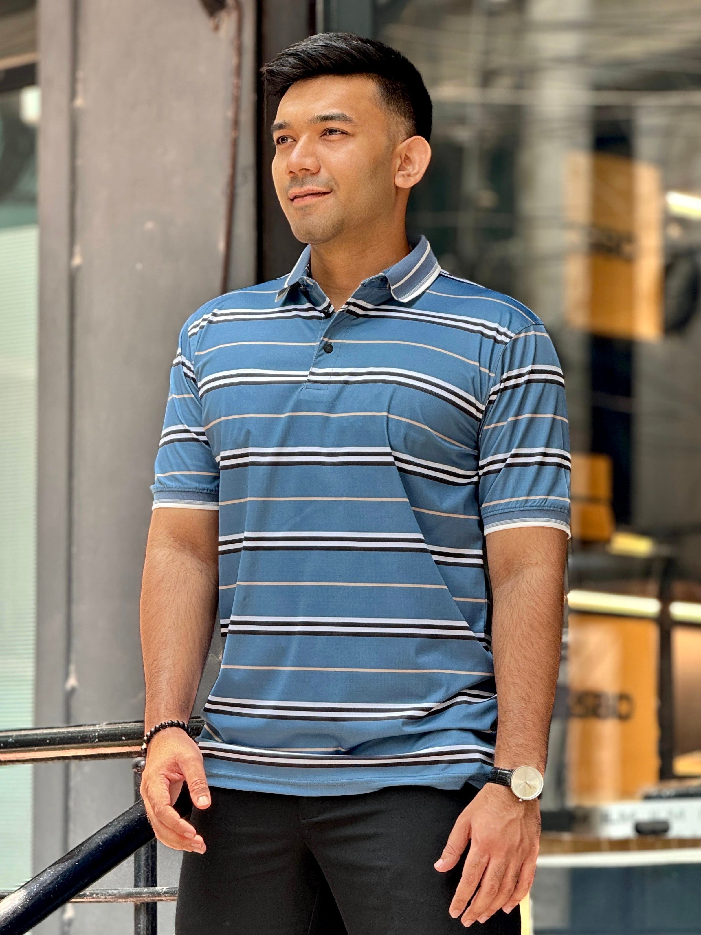 Sapphire blue stripe premium polo shirt