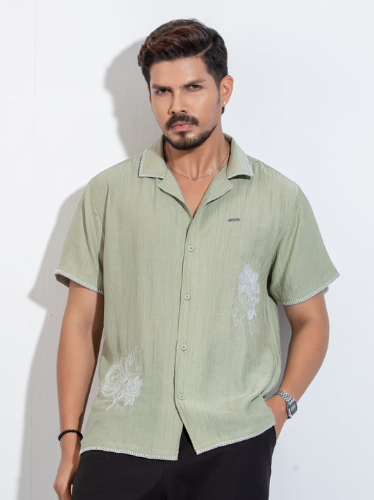 Olive Flower Embroidery Viscos havana shirt