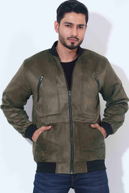 Olive zipper contrast suede leather jacket