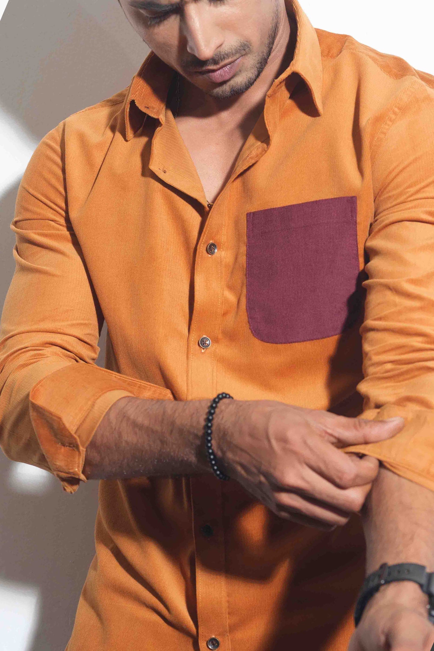 Orange pocket contrast corduroy shirt