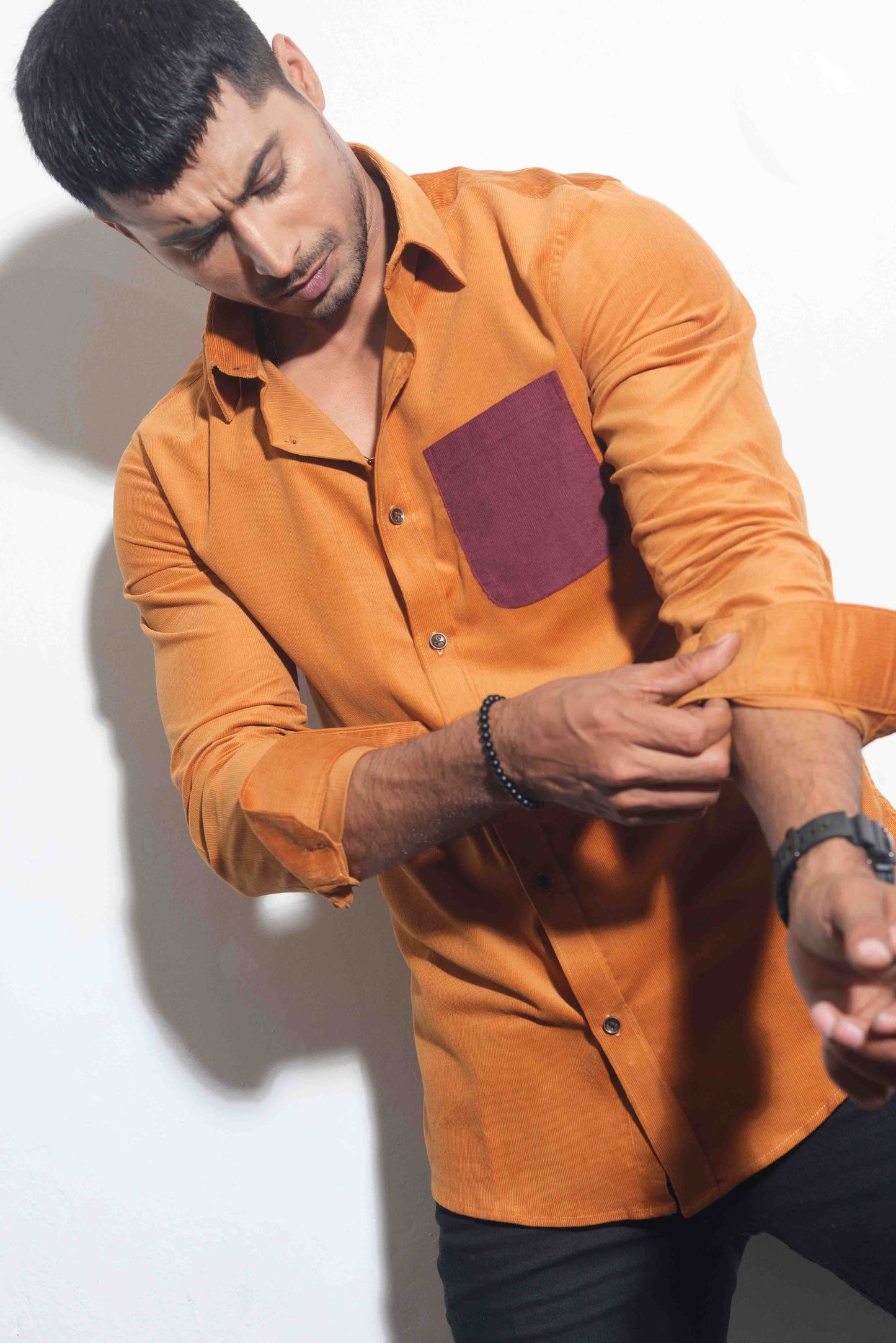 Orange pocket contrast corduroy shirt