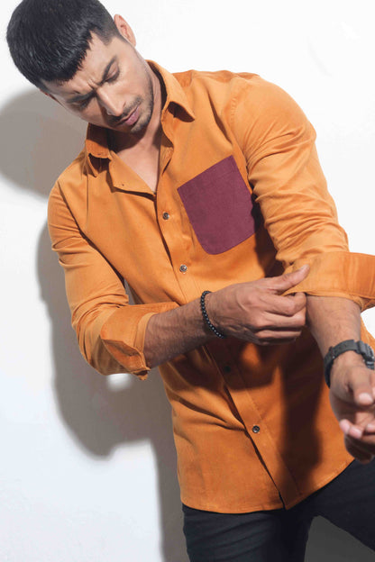 Orange pocket contrast corduroy shirt